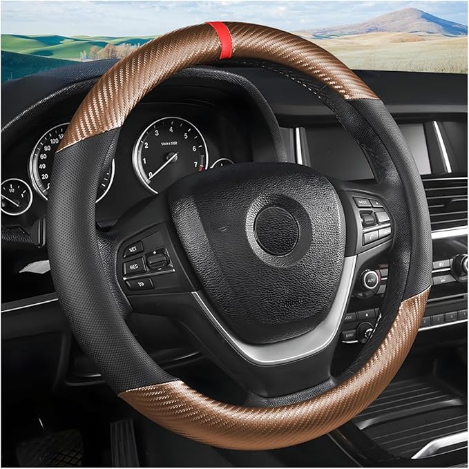 Moly Magnolia Carbon Fiber Steering Wheel Cover, Universal 15 inch Breathable Anti Slip, Fit Most Cars, Trucks, SUV (Carbon Fiber Coffee)