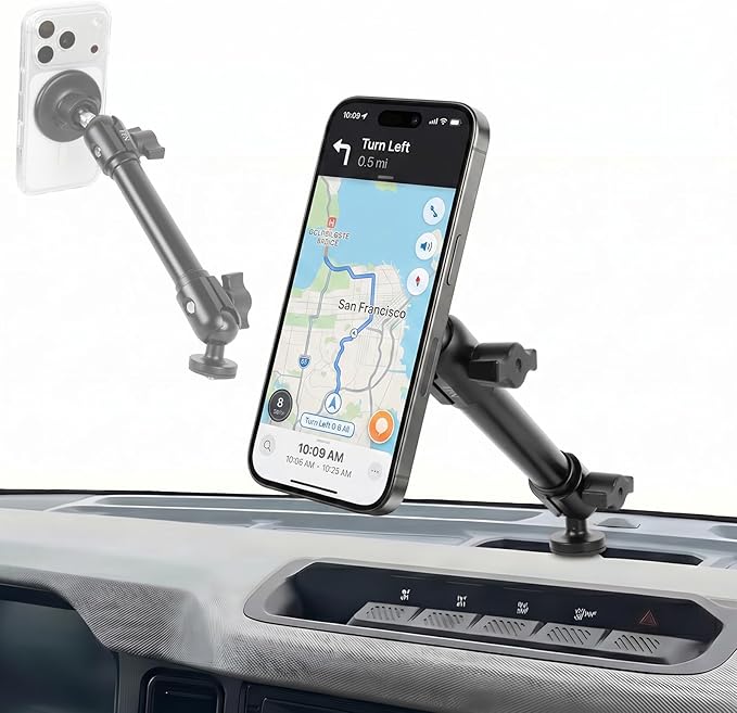 Aluminum Alloy Phone Mount for Ford Bronco 2021 2022 2023 2024 2025 2/4 Door, Dual 1" Ball 360° Rotation, Strong Magnetic Phone Holder for MagSafe iPhone 17 16 15 14 13 12 Series