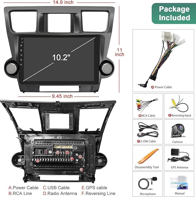 4G+64G Car Radio Stereo for Toyota Highlander 2008-2013, Wireless Carplay&Android Auto with Android 12 Support Bluetooth/Voice Control/GPS/WiFi/Back-up Camera/SWC/FM, 10.2 Inch IPS Touch Screen