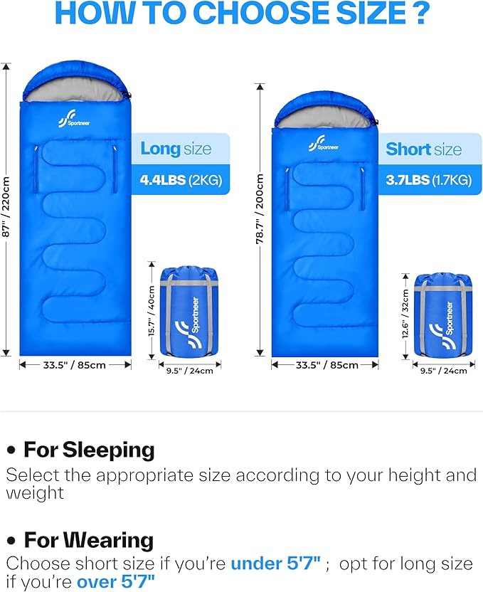Sportneer Wearable Sleeping Bag for Adults & Kids – Walkable with Arm Zippers, Warm Weather & Cold Waterproof, Compact for Camping, Stadiums, Travel, Backpacking & Car Use