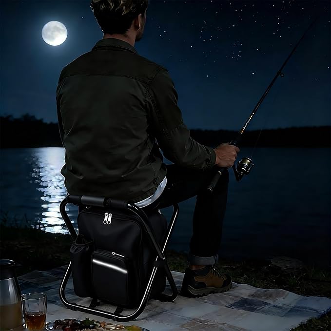 Folding Camping Chair Stool Backpack with Cooler Insulated Picnic Bag, Portable Hunting Fishing Multifunction Chair for Outdoors Hiking Hunting Travel (Black)