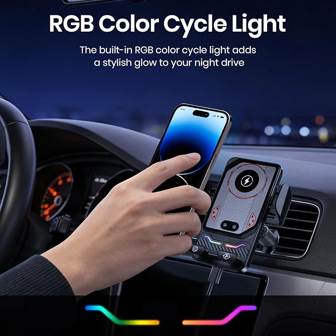 Wireless Car Phone Charger Holder, Smart Auto-Clamping Fast Charging Car Phone Holder with Atmosphere Lights, Rotating Air Vent Mount Compatible with All Smartphones (Black)