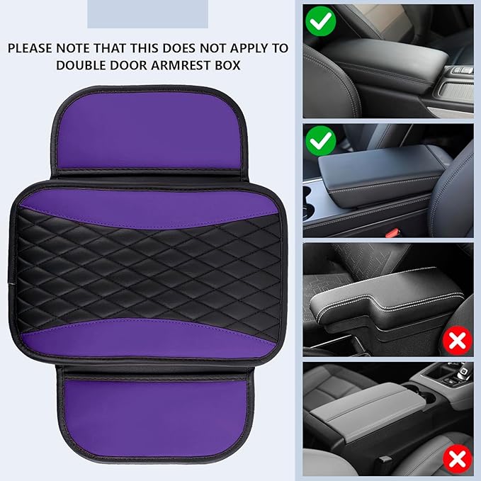 Leather Car Center Console Cover,Upgraded Center Console Cushion Pad with Side Pockets,Patchwork Arm Rest Cover for Car,Waterproof Armrest Seat Box Covers,Universal for Most Vehicles (Purple)