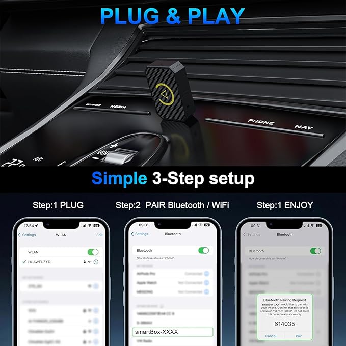 Mini Wireless Adapter for Carplay/Android Auto, Fastest for Converts Factory Wired to Wireless Carplay Adapter for OEM Cars from 2016,Plug & Play,Mini Size Car Play Dongle for iOS 10+/Android 11+