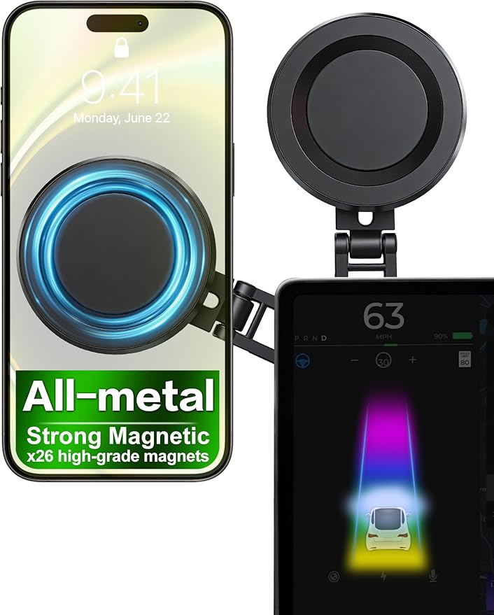 XIREL for Tesla Phone Mount All-Metal | MagSafe-Compatible [Strong Magnetic] Foldable 360° Adjustable for Tesla Model 3/Y/X/S/Juniper/Cybertruck,Fits All Phones+&iPhone17-12,Tesla Accessories