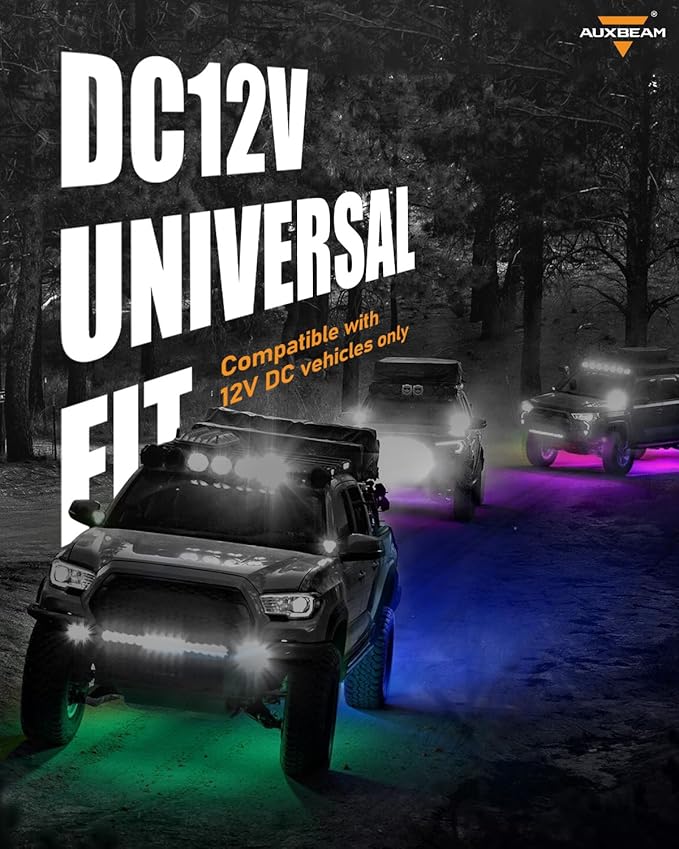 Auxbeam 4 Pods RGB LED Rock Lights, Bluetooth& Remote Control Multi Color-Changing Wheel Well Lights w/Brake Mode, Music & Voice Sync Underglow for Trucks UTV Car Boat Waterproof, 1 Year Warranty