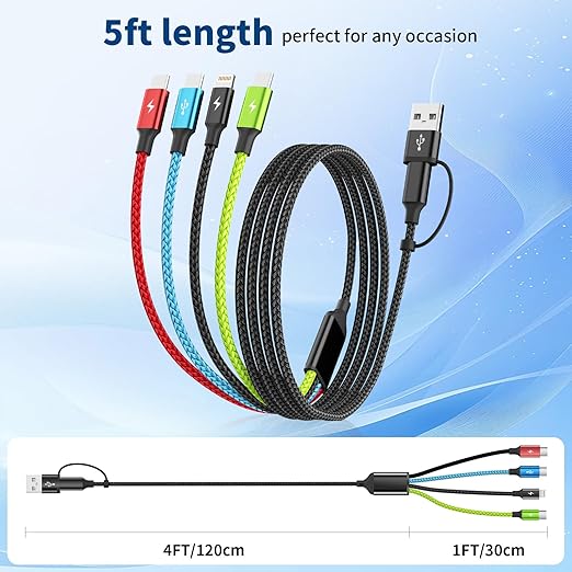 4 in 2 Multi Charging Cable [2Pack 5FT], USB C Splitter with 3 Type-c/1IP, Chargers for Multiple Devices, Compatible with Most Cell Phones/Tablets and More