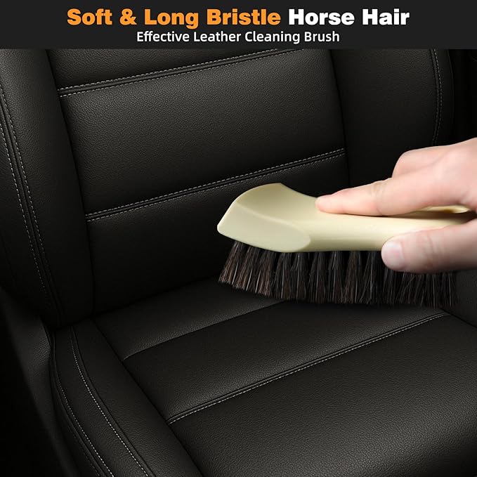 9PCS Car Detailing Brush, Horse Hair and Boar Bristle Brush Set with Elbow Adapter, Microfiber Wax Applicator Pads, Drying Towel and Cleaning Gel,Cleaning Kit for Interior Exterior