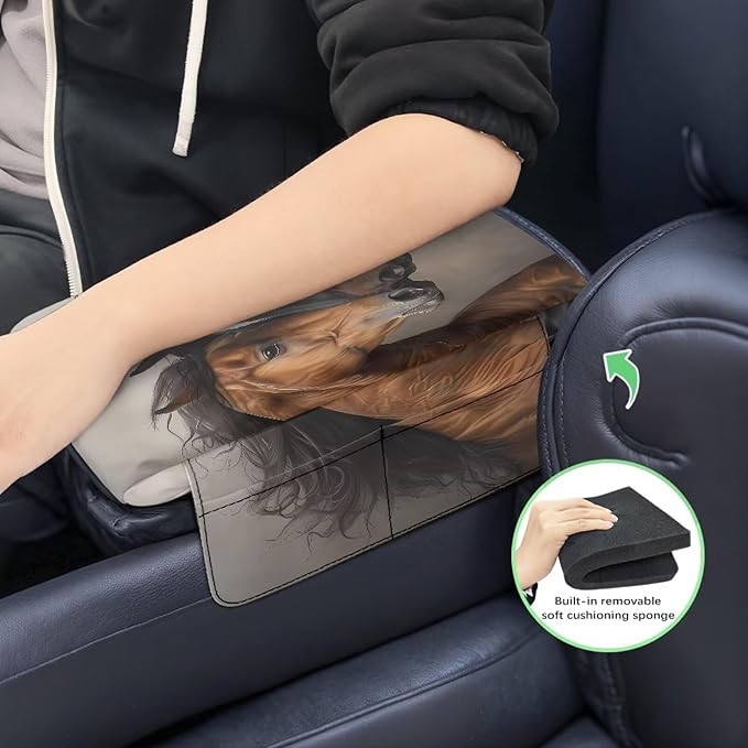 Wanyint Brown Black Horse Car Center Console Pad Soft Non-Slip Armrest Cover Lid Anti-Scratch Car Side Storage Box Pad with 4 Storage Bags Car Decoration Accessories for Women Men