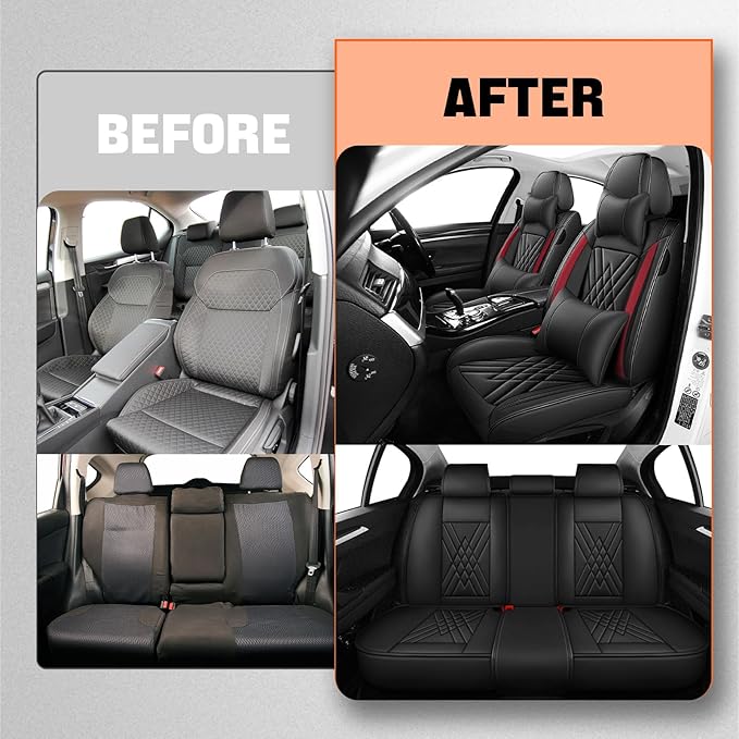 Car Seat Covers Compatible with Toyota Camry 2012-2026 Durable Waterproof Automotive Seat Covers Stretchable Fabric Material,Airbag Compatibility,Premium Nappa Leather(Black Red,Full Set with Pillow)