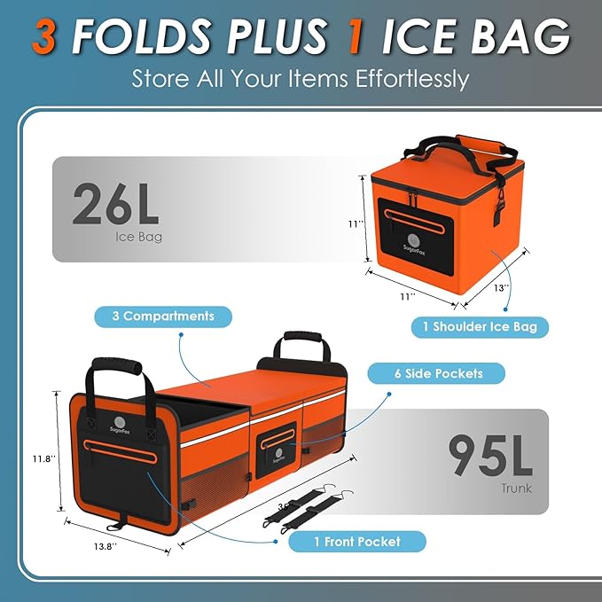 SugarFox 95L Car Trunk Organizer & Storage With 26L Ice Pack, Waterproof Foldable | Trunk Organizers for SUVs & Cars, Car Storage Organizer, Great Gift for Drivers (Orange-M004)