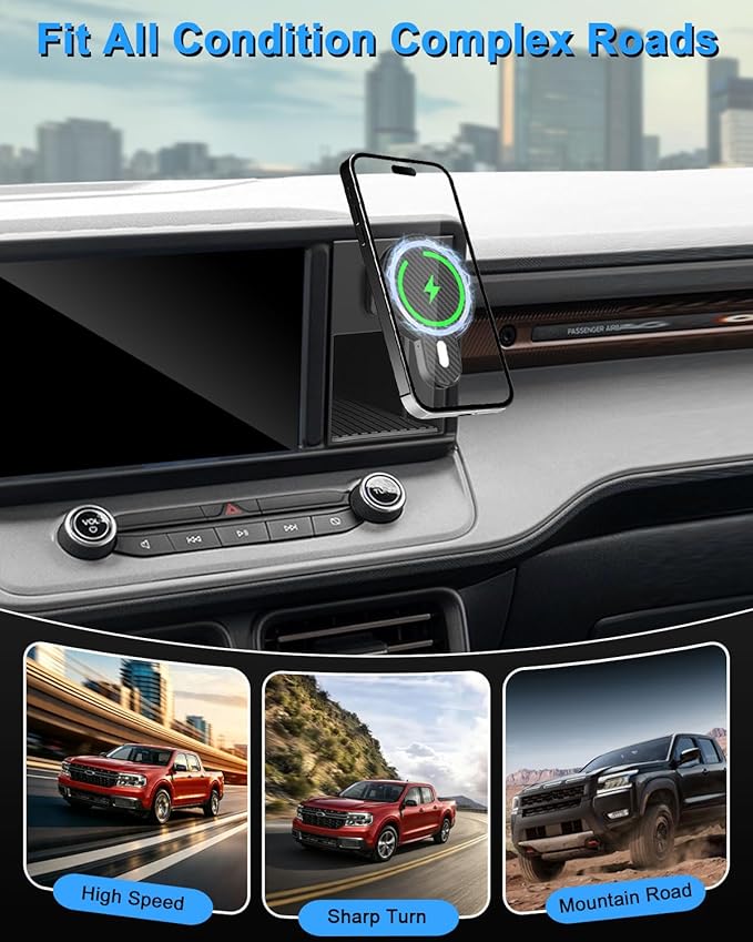 PZK Car Phone Holder for Ford Maverick 2022 2023 2024 Accessories with Strong Magnetic 15W Fast Wireless Charger Magsafe Car Phone Mount with Cubby Stroage Box Trunk Dash Mount 360° Rotation