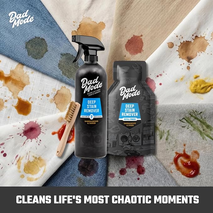 DadMode Laundry Stain Remover | 7-Enzyme Spray for Deep, Aged, Set-In Clothing Stains | Enzyme Booster Cleans Bodily Fluids, Oil, Wine, Turmeric | Sandalwood & Suede | 16oz Bottle + Refill Pouch