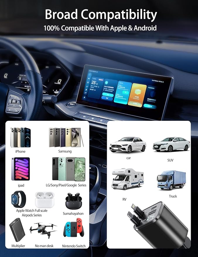 Retractable Car Charger, 4 in 1 Fast Car Charging USB c,Road Trip Essentials,Travel Essentials Gifts for Women Men, Car Accessories for iPhone 16 15 14 13 12, Samsung, Black