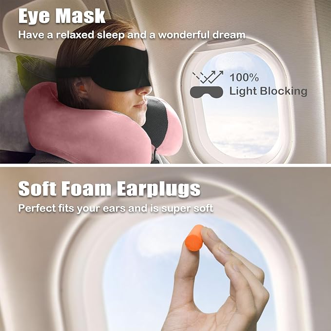 Travel Pillow, Memory Foam Neck Pillow for Traveling, U Shape Neck Pillow Airplane Portable Flight Pillow Travel Kit with 4D Contoured Eye Masks and Earplug for Plane Train Car Home Office - Pink