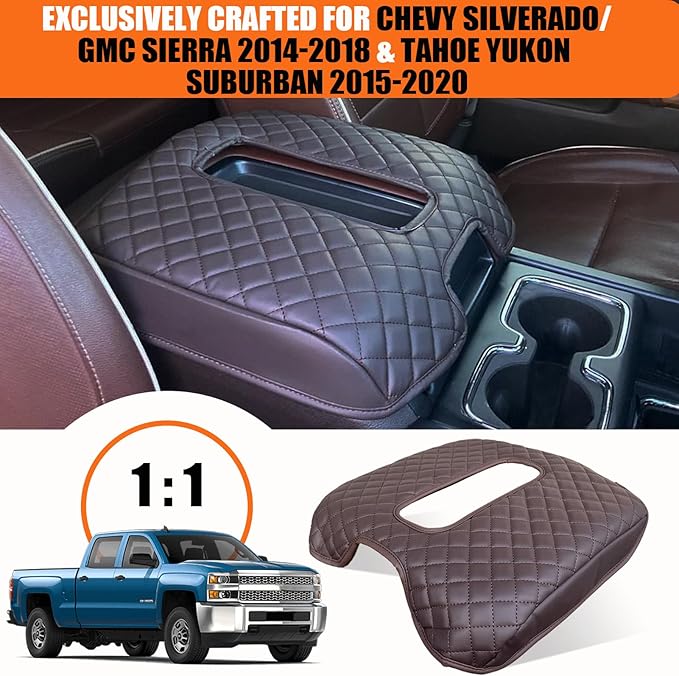 Center Console Cover for Chevy Silverado & GMC Sierra 1500 2500 3500 2014-2018 & Tahoe Yukon Suburban 2015-2020, Scratch Resistance Armrest Cover Trim Accessories - Brown (Bucket Console Only)