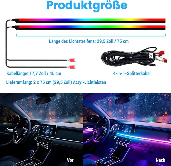 HMYC Dream Color Acrylic Interior Car Lights, 2 Pieces 75cm/29.5inch 128 Colorful Car LED Strip Light RGB Fiber Optic Rainbow Ambient Lighting bar, Universal Decoration Dynamic Atmosphere Neon Lights