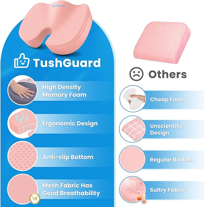 TushGuard Seat Cushion for Office Chair Memory Foam Non-Slip Cushion Back, Relief Chair Pad, Butt Pillow for Office Chair, Car, Computer Desk, Pink