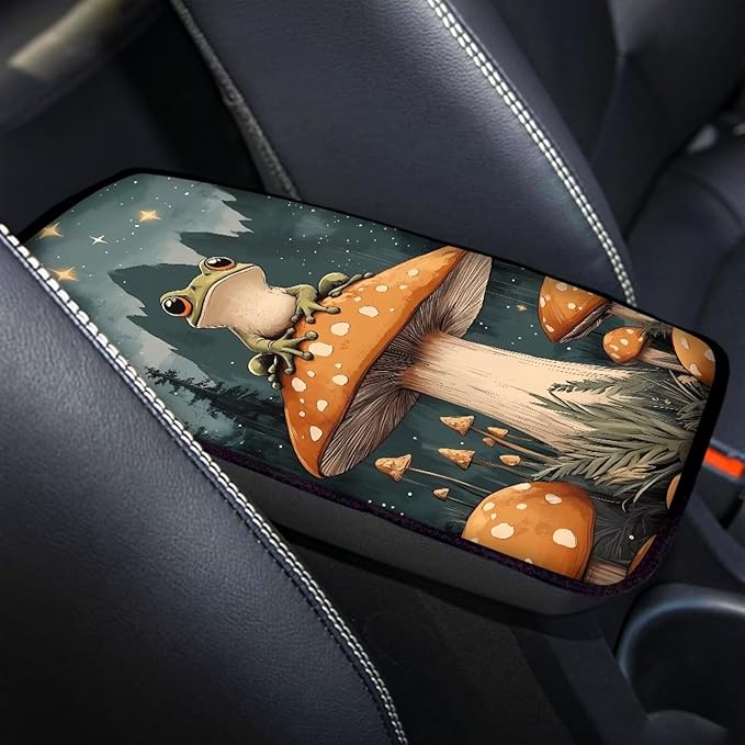 Frog Mushroom Print Car Center Console Pad for Women Men, Universal Auto Armrest Box Protector for Most Cars SUV Trucks Vans