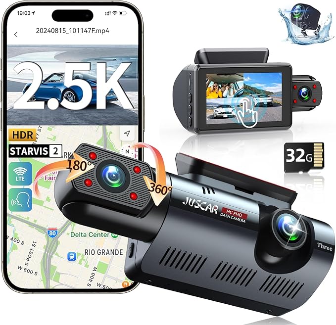 3 Channel Dash Cam with WiFi & GPS, Front and Rear/Inside, Voice Control 4K/2.5K+1080P+1080P Triple Dash Camera for Cars, 3" IPS Touch Screen, Free 32GB Card