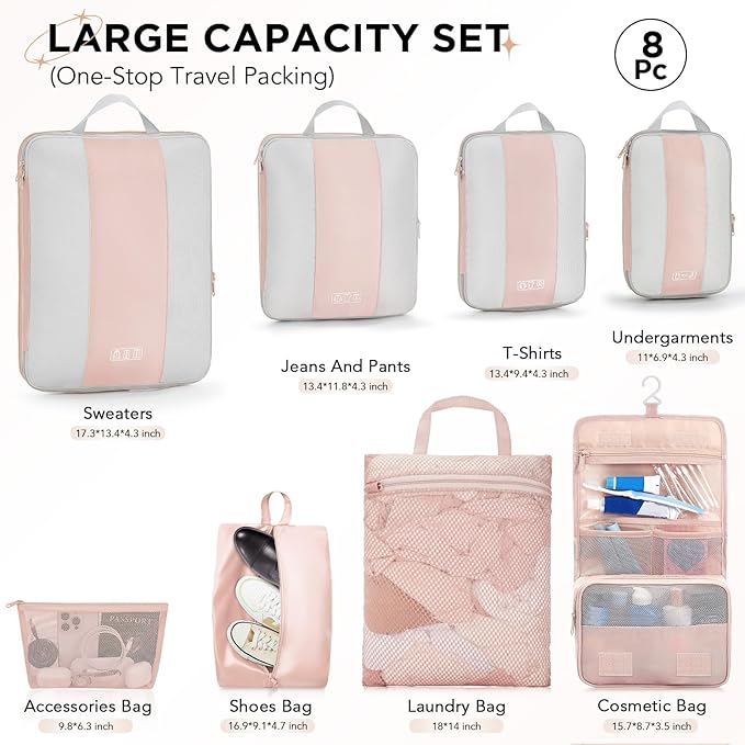 OlarHike 8 Set Compression Packing Cubes for Travel Gifts Mom Women,Luggage Clothes Organizer for Travelers,Airplane/Cruise/Car/Train Travel Essentials,Compressible Expandable Saver Space Bags(Beige)