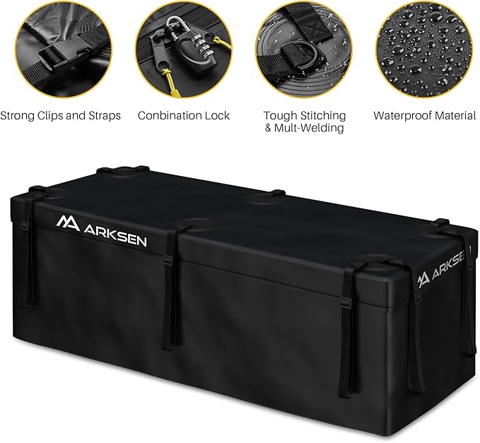 ARKSEN Waterproof Hitch Cargo Carrier Bag with Combination Lock for Truck SUV RV Trailer- Include Net, Heavy Duty Stainless Steel Hitch Tightener, Anti-Rattle Stabilizer, 2 pcs 19.7Ft Straps