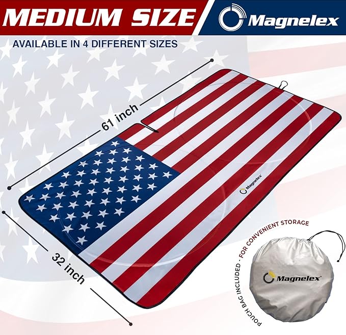 American Flag Windshield Sun Shade, High-Resolution Car Shield with Mirror Cut-Out for Automotive Interior Protection Heat Reduction, Folding Sunshade Storage Bag - Medium, Original