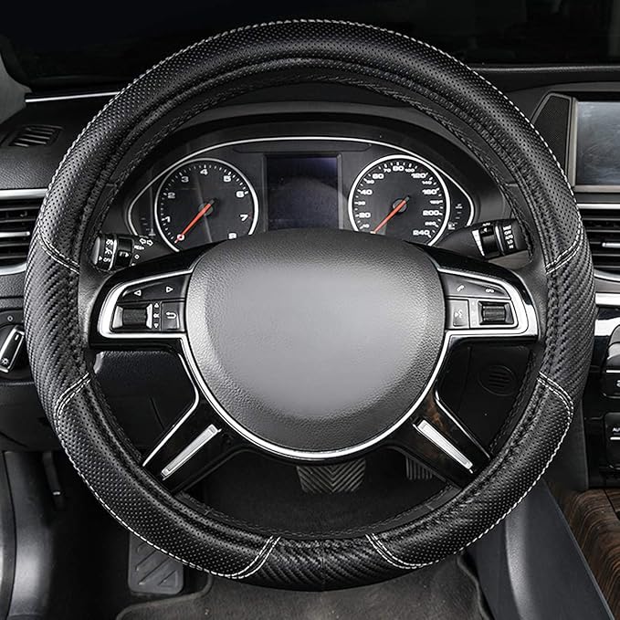 CAR-GRAND Carbon Fiber Steering Wheel Cover, Premium Breathable Leather Sporty Wheel Protection Interior Accessories Standard Size[14" 1/2-15"] Unviersal Fit for Truck SUV Sedans Vans, Black Leather