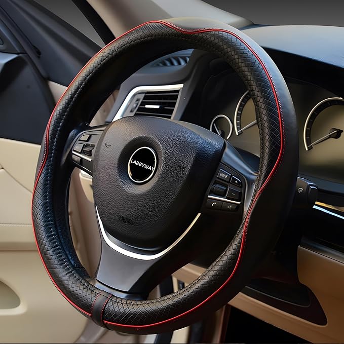 LABBYWAY Microfiber Leather Steering Wheel Cover, Universal 14.5-15 Inch,Anti Slip,Heavy Duty, Thick,Soft,Breathable Car Interior Accessories for Men Women (Black with Red line)