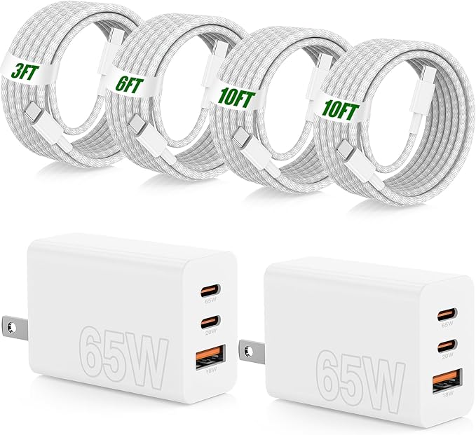 65W Super Fast Charger Type C for Samsung,3 Port 100W PD Quick Charging 3.0 USB C Block & 3/6/10/10FT Braided Type C Cord for Samsung Galaxy S26 Ultra/S26/S25 Ultra/S24/Android/iPhone 17/Laptop-White