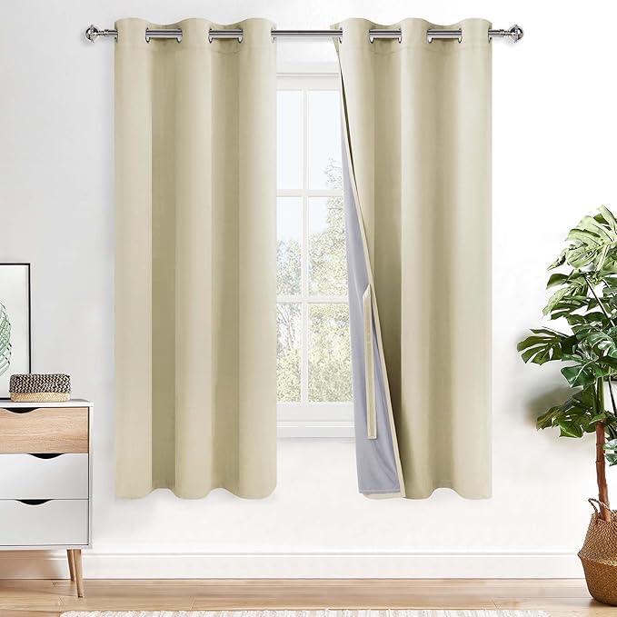XWZO 100% Blackout Curtains 63 Inches Long with Tiebacks- Heat and Full Light Blocking, Thermal Insulated Window Panels with Grommets for Bedroom/Nursery, Beige, W38 x L63, Set of 2 Draperies