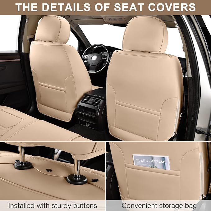 Beige Car Seat Covers Full Set, Breathable Leather Automotive Front and Rear Seat Covers & Headrest for Comfortable Driving, Compatible with Most Cars Sedans SUV Pickup Trucks