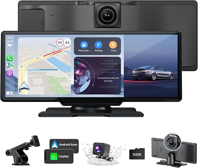 Wireless Apple Carplay Screen for Car,11.26" Portable Car Play & Android Auto Touch Screen, Upgraded Car Stereo with 4K Dash Cam,Backup Camera/Mirror Link/Voice Control/GPS/AUX/FM for All Vehicles