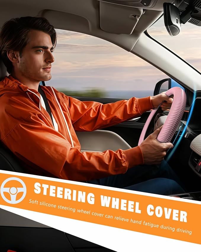 WOCOCN Car Steering Wheel Cover, Thin Anti-Skid Silicone Steering Wheel Cover for Men & Women, Universal Automotive Interior Accessories for Most Cars (Pink)