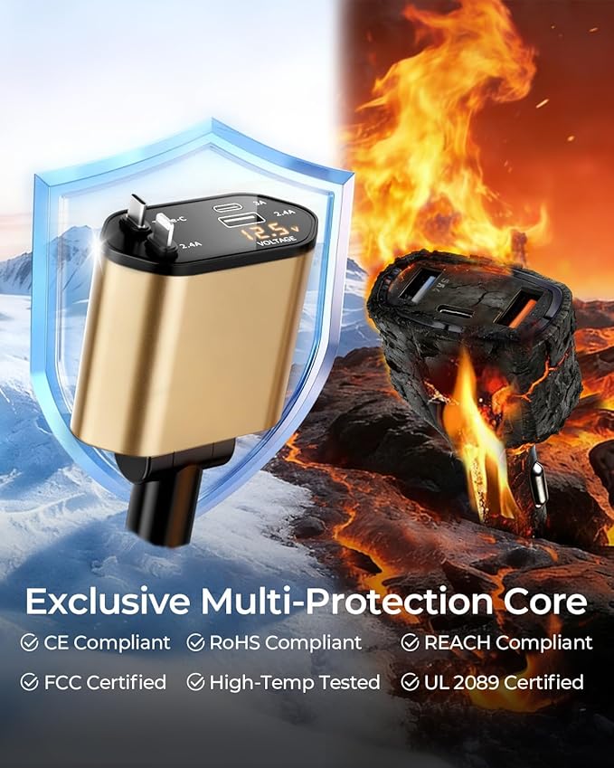 2026 MimAuto 4 in 1 Retractable Car Charger, Car Charger USB C Fast Charger, Car Charger for iPhone 17/16/15/14/13, Samsungs, Tablets, Dash cams, Switch, Gold Car Accessories for Men Women