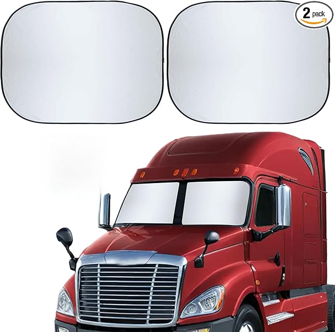 EcoNour Semi Truck Windshield Sunshade, Foldable 2-Piece Car Sunshade Reflects UV and Heat, 240T Polyester Silver-Coated Sun Shade for Semi Trucks and Large Vehicles, Front Window Sun Shade 40 x 32 In