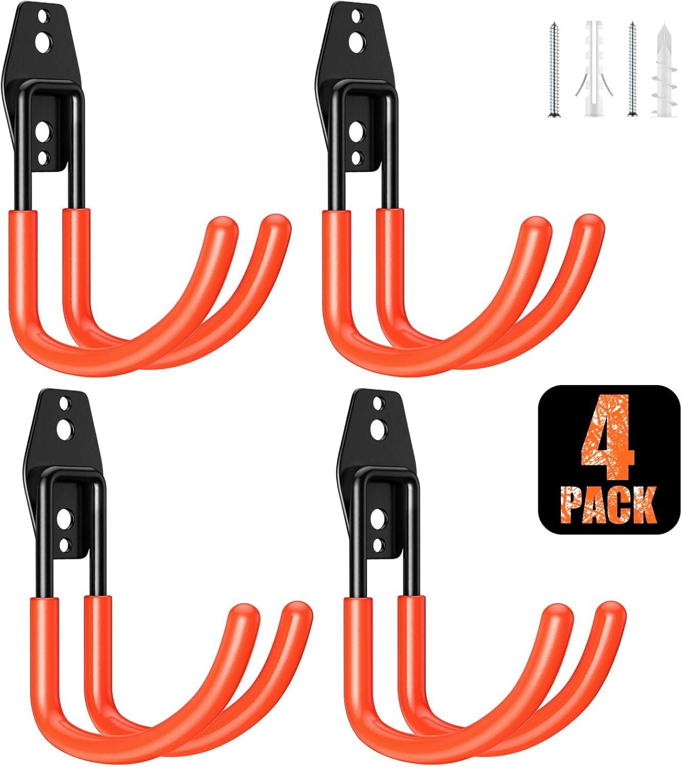 4 Pack 5.5x4.1 inch J Heavy Duty Garage Hooks,Solid Steel Wall Mount Hangers,with Anti-Slip Coating,for Hanging and Organising Ladder,Bike,Ropes,Broom,Garden,Yard and Power Tools