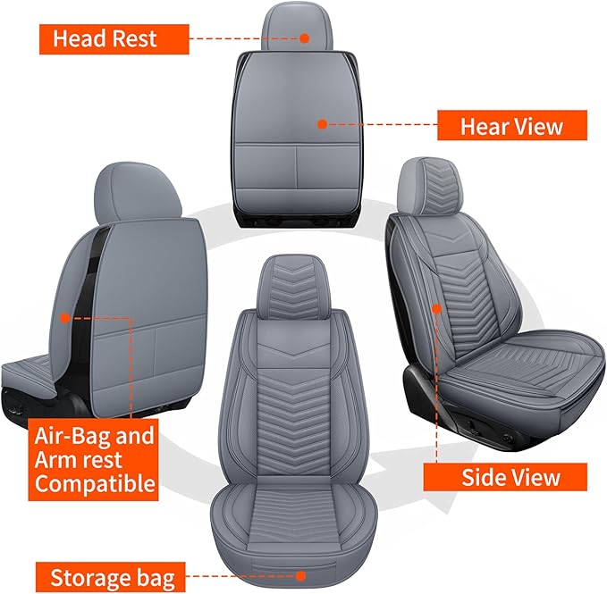 Nappa Leather Car Seat Covers Full Set, Gray Car seat Protector 5 Seats, Waterproof Car Seat Cushion, Universal Automotive Seat Covers Fit for SUV Truck Pick-up Sedan, Front and Rear