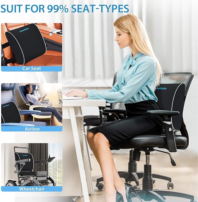 Large Lumbar Support Pillow for Office Chair, Car Seats and Home Desks, Ergonomic Back Support with Double Adjustable Straps, Machine Washable Cover, Black