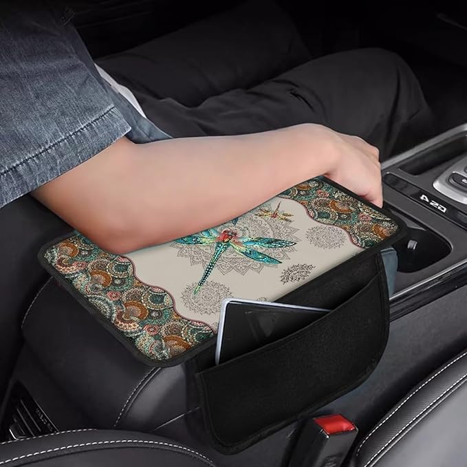 Dragonfly and Boho Mandala Print Car Center Console Cover Wear-Resistan Car Armrest Cover Cushion Lightweight Car Armrest Seat Box Cover Cushion Car Decoration Accessories