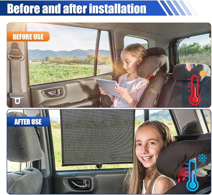 2PCS Car Side Window Sun Shade for Baby/Kids- 18"×14" Retractable Roller Car Window Shade with Suction Cups - Blocks Heat and UV Rays Glare Protection- Baby Travel Accessories for Cars (Black)