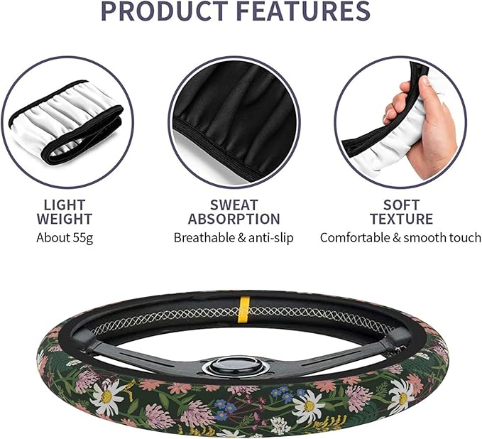 Car Steering Wheel Cover for Women Men, Non-Slip Sage Green Wild Flowers Steering Wheel Protector, Universal 14"-15" Fit for Cars, SUVs, Trucks (Sage Green Wildflowers)