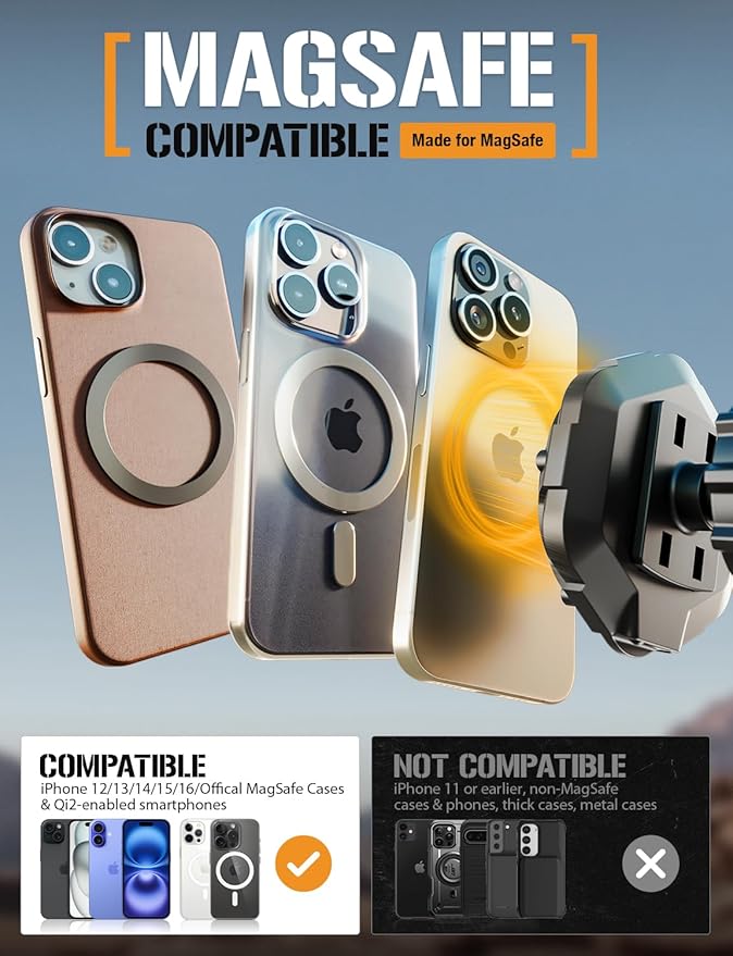 ToughTested MagTough Python Magnetic Phone Holder for Car - Heavy Duty Dashboard & Windshield Magsafe Mount for iPhone and Android, Pressure Lock Suction Cup - Universal Cell Phone Car Accessories