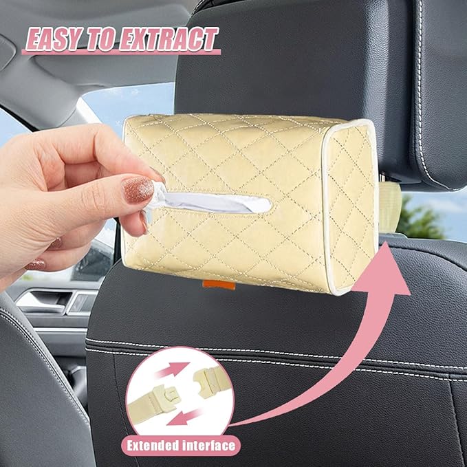 Car Tissue Holder, Soft PU Leather Auto Backseat Napkin Holder, Rectangle Hanging Tissue Box for 100-150 Standard Tissues, Universal Car Interior Storage & Organization Accessories (Beige)