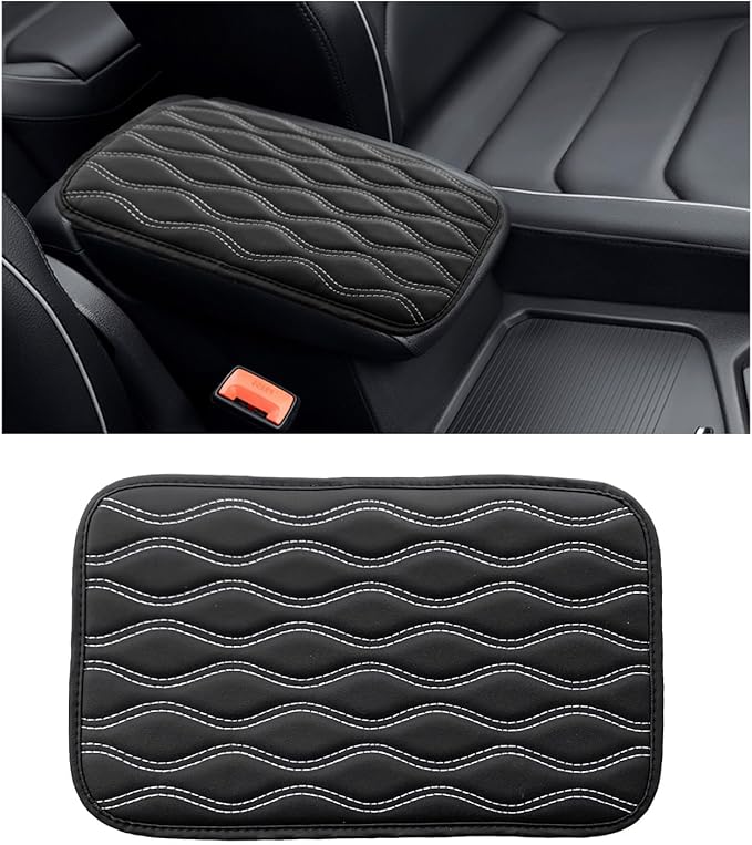 Car Center Console Pad, Waterproof Auto Armrest Seat Box Cover, PU Leather Arm Rest Protector Cushion Pad, Universal Vehicle Interior Protection Accessories for Car SUV (Black & White)