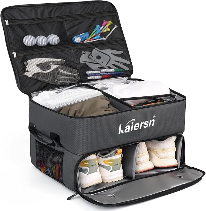 2 Layer Golf Trunk Organizer, Waterproof Car Golf Locker with Separate Ventilated Compartment for 2 Pair Shoes, Golf Trunk Storage for Balls, Tees, Clothes, Gloves, Accessories, Golf Gifts