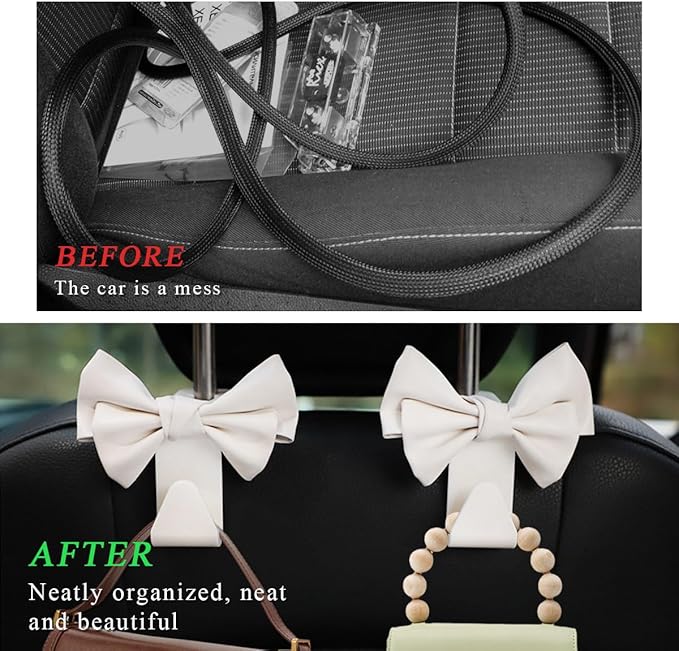 2PCS Purse Holder for Car Hooks, Cute Bow Car Seat Headrest Hooks Handbag Hanger, Bow Knot Auto Back Seat Organizer Storage Hook for Purse Bags Umbrellas, Car Accessories (White)