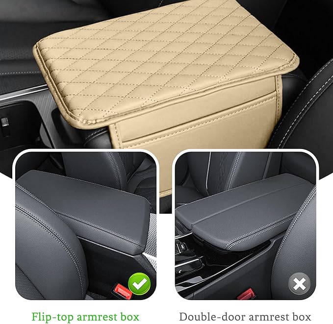 Car Center Console Cover, Universal Center Console Protector Pad with Soft Microfiber Leather & 2 Storage Pockets, Non-Slip Cushion for Car SUV Truck Interior Accessories (Beige)