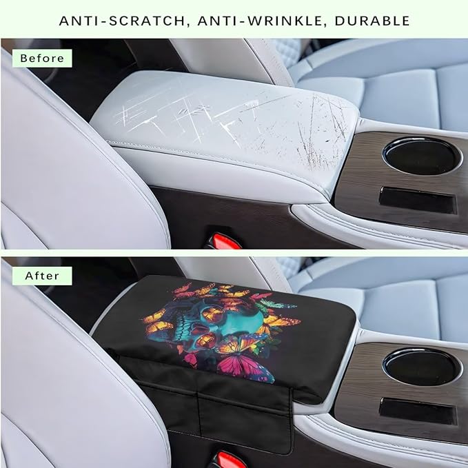 Wanyint Skull Butterfly Car Center Console Pad Non-Slip Armrest Box Mat with 4 Storage Bags Comfortable Center Console Armrest Pillow Arm Rest Cushion Protector Auto Accessories