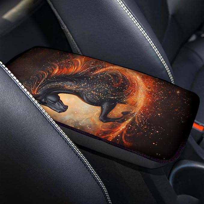 Black Horse Car Center Console Armrest Pad for Men Breathable Car Center Console Cover Seat Box Cover for Sedan, Van, SUV, Truck, Horse Cars Accessories, Black